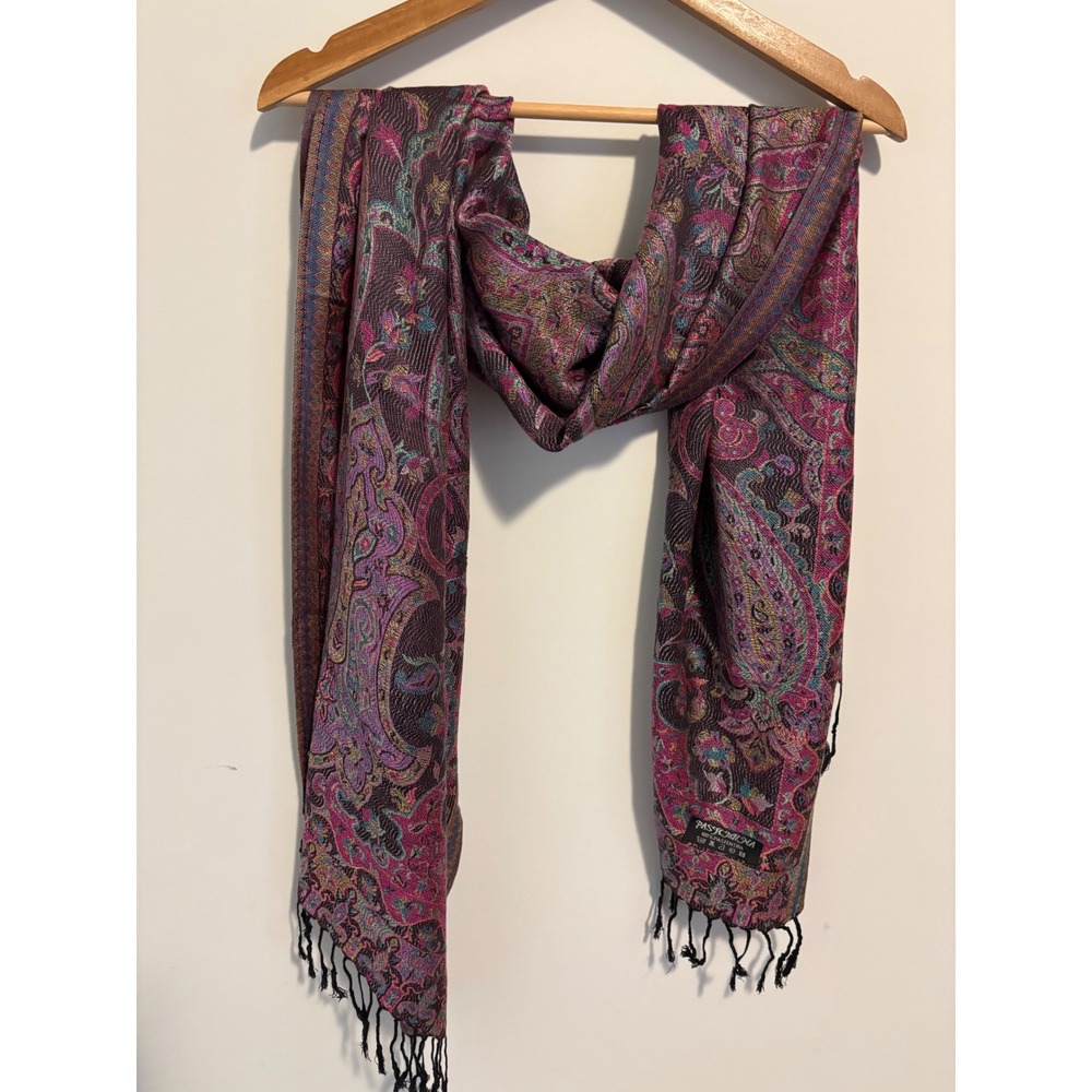Pashmina 100% Pashmina Scarf Magenta Purple Paisley Floral Fringed Shawl Wrap - Picture 3 of 5